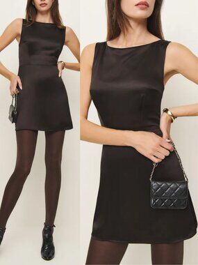 Reformation‎ Zenni Mini Dress Mole Brown Satin Jewel Neck A-Line Size 10
